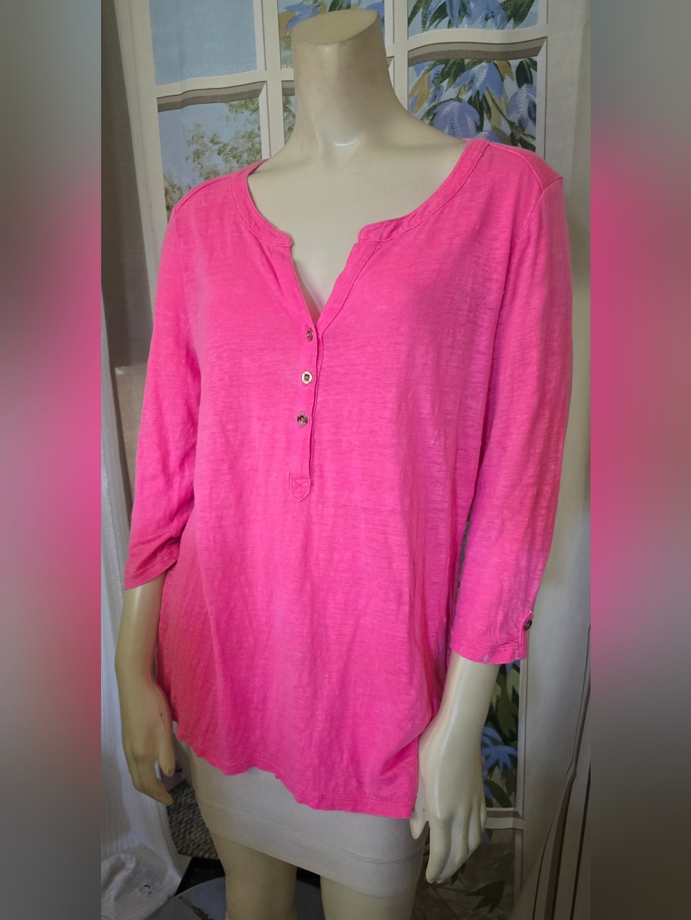 Lilly Pulitzer Bright Hot Pink Three-Quarter Sleeve Henley Tunic L